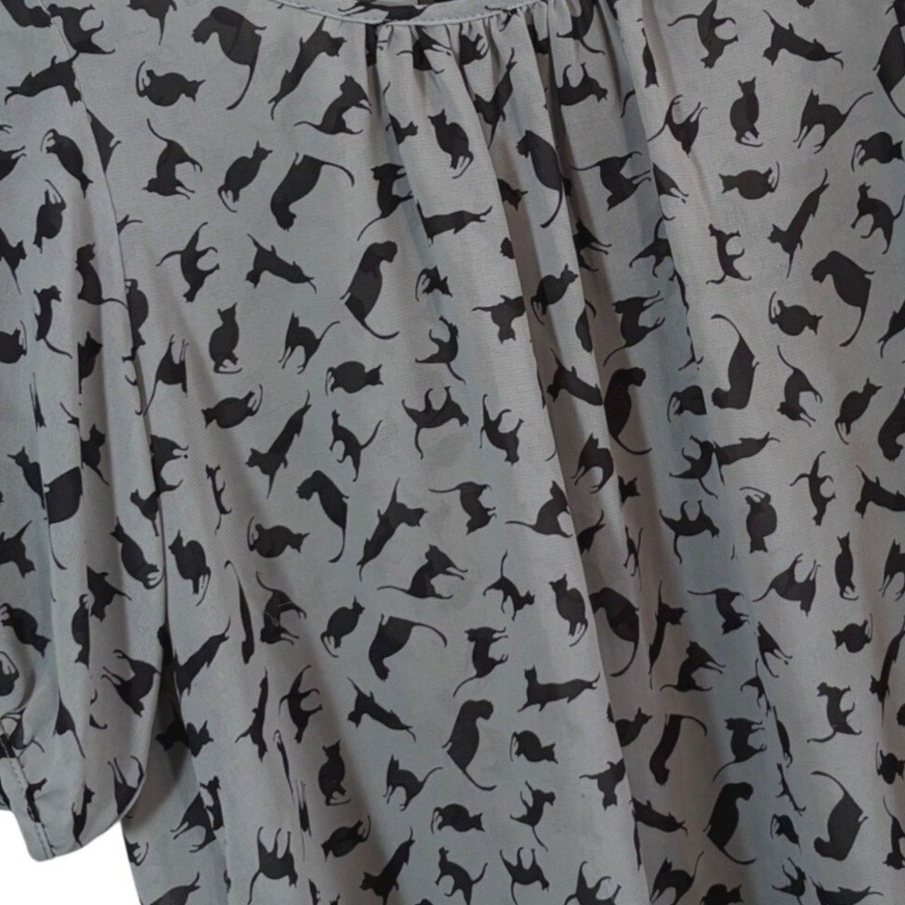 Sweet Ruby Black Cat Blouse Size S Grey Short Sleeve Chiffon Top Whimsigoth Cute